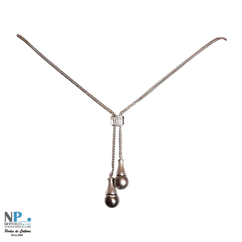 Collier ou Pendentif en Argent 925 avec 2 Perles de Tahiti AAA